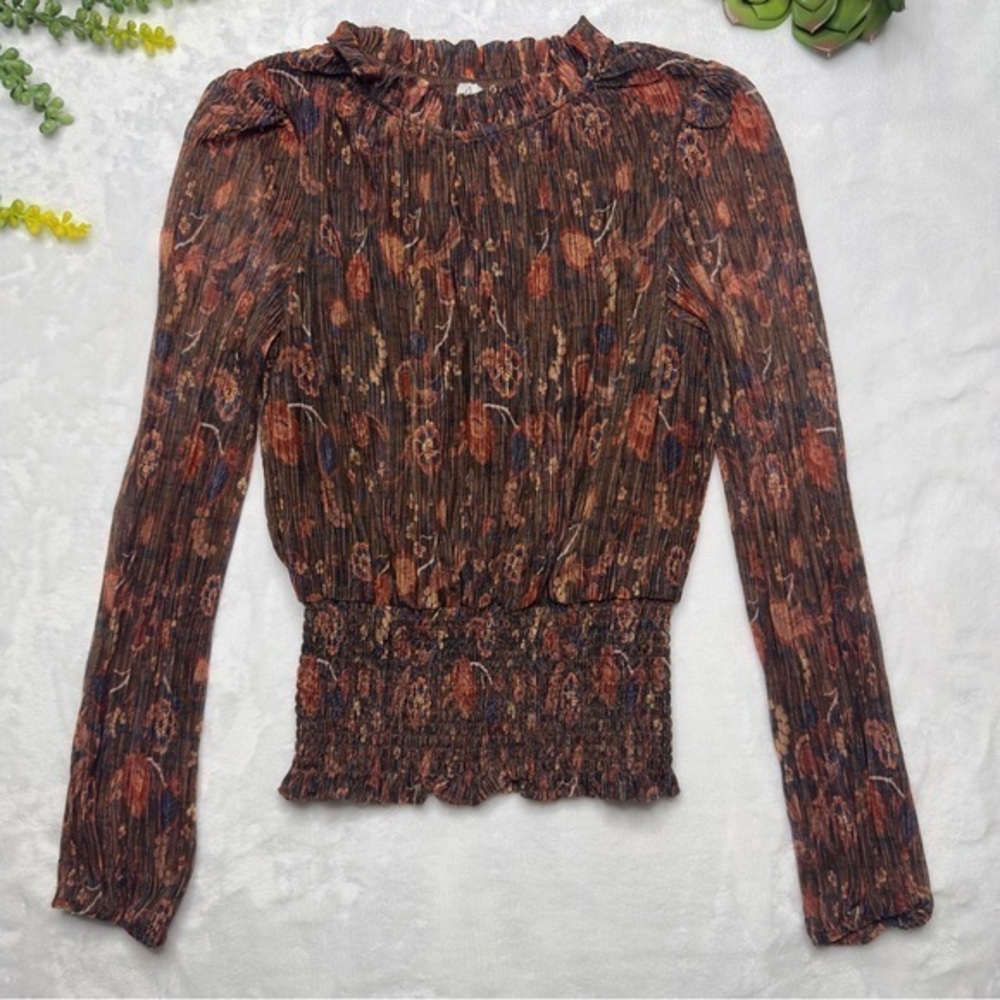 Joie Metallic Floral Smocked Semi Sheer Chiffon Long Sleeve Crinkle Blouse Small